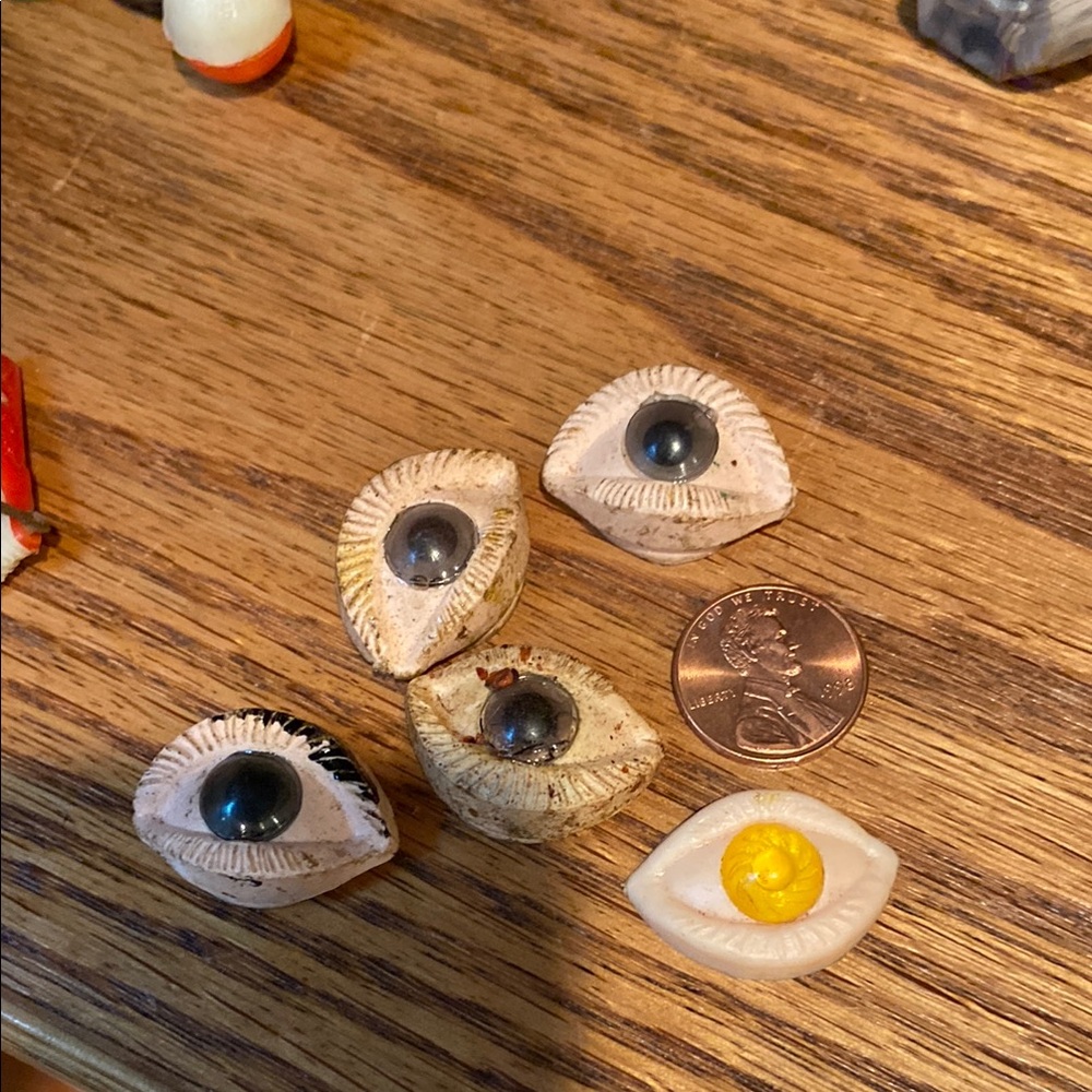 Midcentury plastic eyes. 
Collectibles, not for kids.